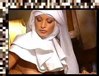 Busty nun facialized after her pussy and anal stuffing with hotly sucked cock.