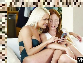 Gorgeous Redhead and sexy blonde watch their made strip before pleasuring each other